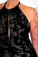 Gown - Black devore, low cut back and small trane - detail view