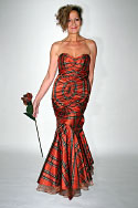 Gown in rust tartan and taffeta