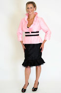 Jacket - Frilled neckline, semi fitted jacket in pink dupion silk. Skirt - fully fitted, in black - dupion silk with fabric frill and black net