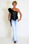 Black Leather Top - Asymmetrical with natural edges and feather shoulder trim