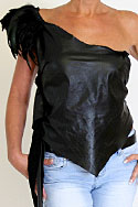 Black Leather Top - Asymmetrical with natural edges and feather shoulder trim - detail view