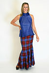 Skirt - Wool tartan, fish tail hem. Top - Nappa leather, with natural skin hemline