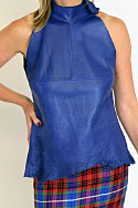 Skirt - Wool tartan, fish tail hem. Top - Nappa leather, with natural skin hemline - detail view